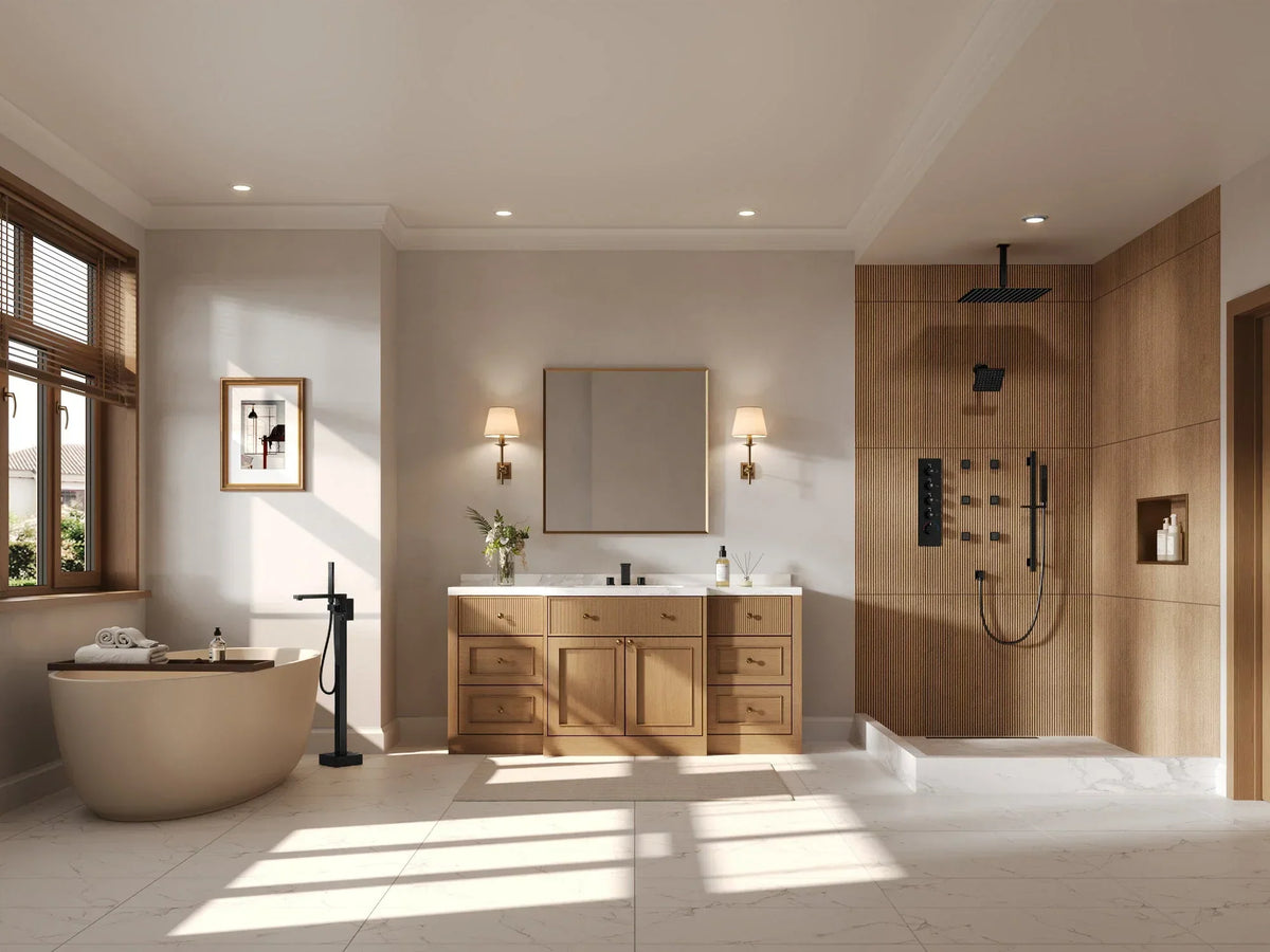 It shows a complete bathroom with a freestanding tub, vanity, wellness shower, wood finishes, black fixtures, and layered lighting.