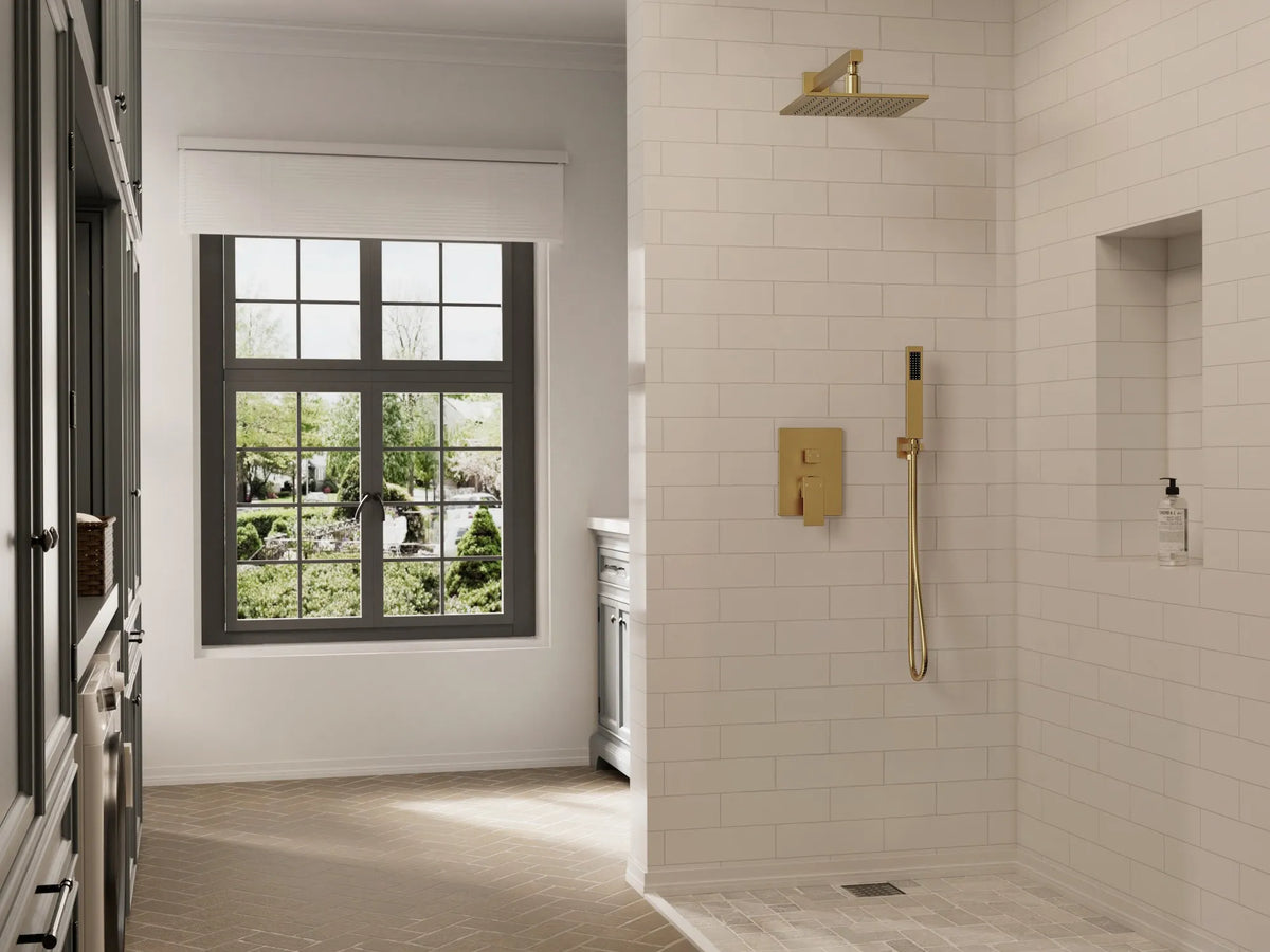 Modern shower with a thermostatic control panel, rainfall showerhead, and hand shower