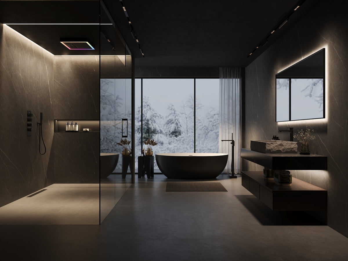 Modern spa-like bathroom with a freestanding tub, glass shower, dark wood paneling, and warm lighting