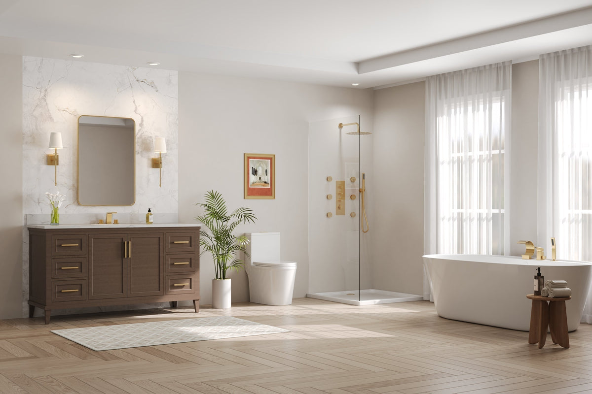 Modern bathroom with a freestanding tub, wooden vanity, and glass-enclosed shower