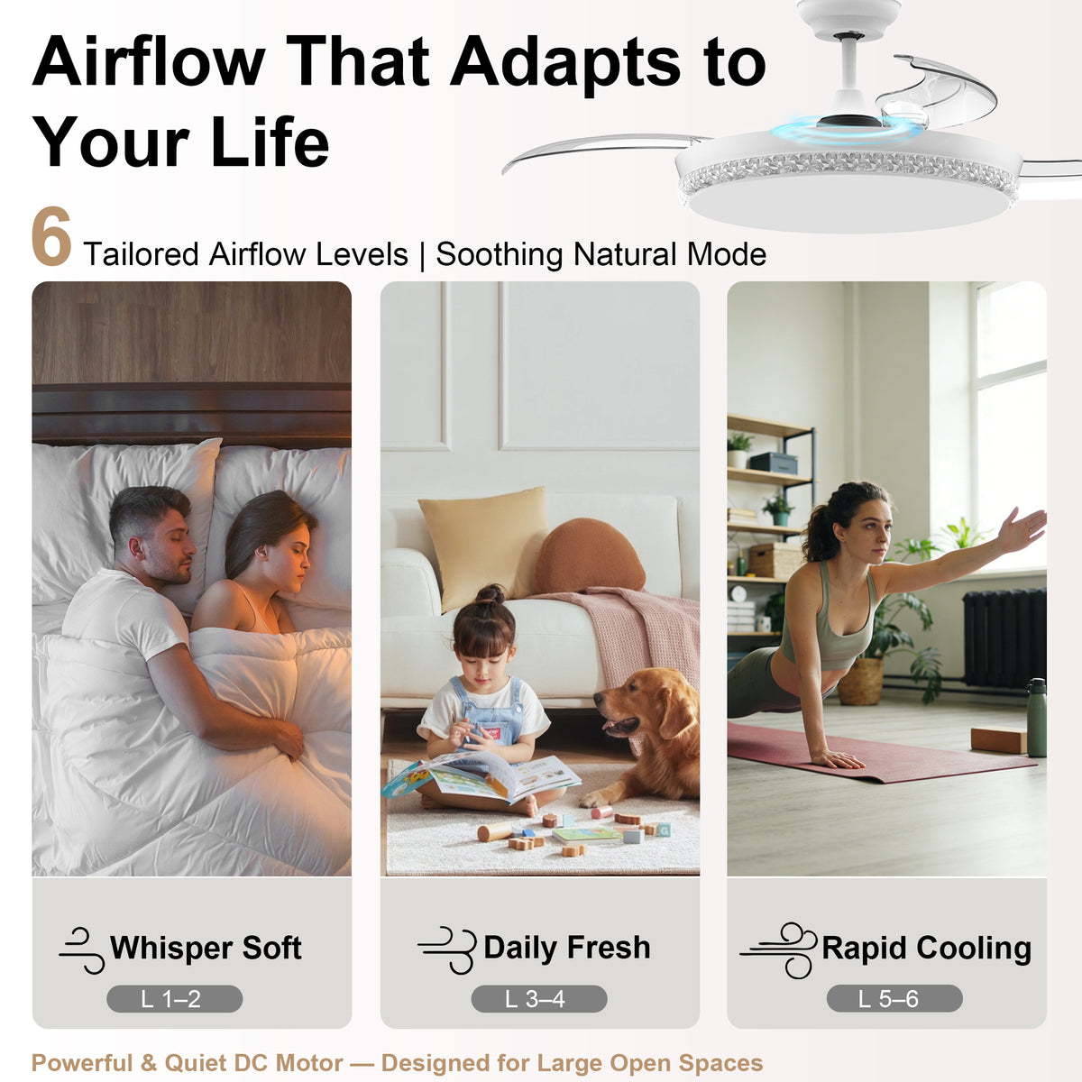 44-Inch Downrod Mount 4-Blade Retractable Ceiling Fan with Light and Remote Control
