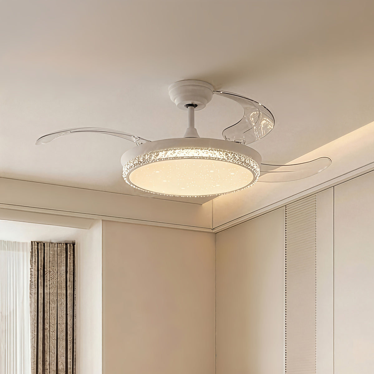 44-Inch Downrod Mount 4-Blade Retractable Ceiling Fan with Light and Remote Control