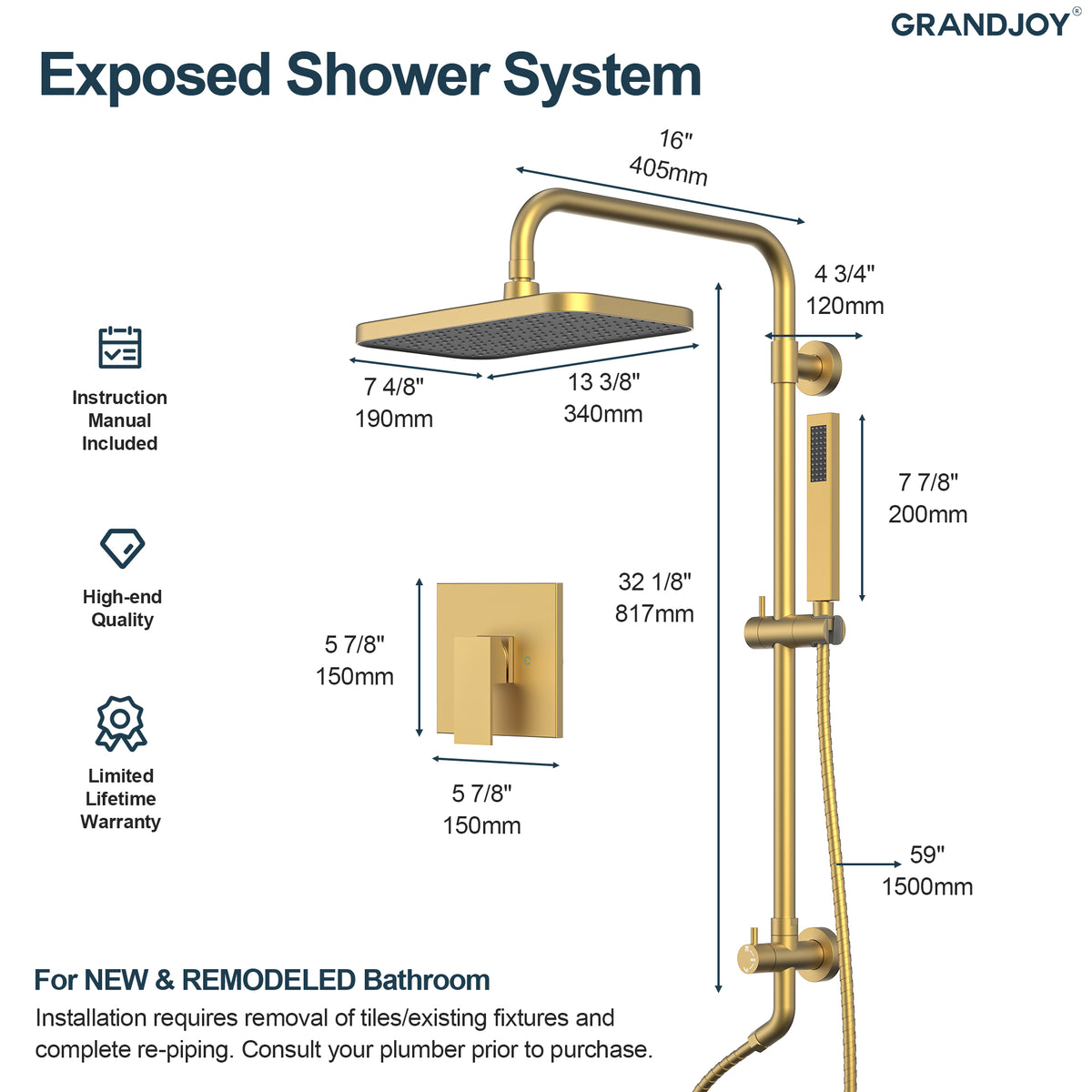Exposed Shower System with Wide Rain Head and Handheld Spray