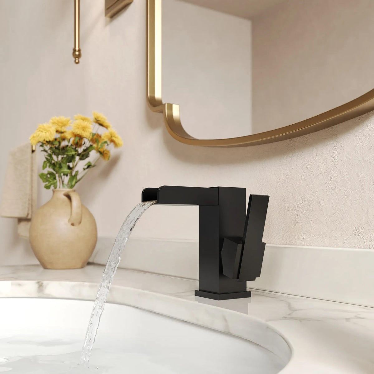 Single-Handle LED Waterfall Bathroom Sink Faucet With Pop-Up Drain