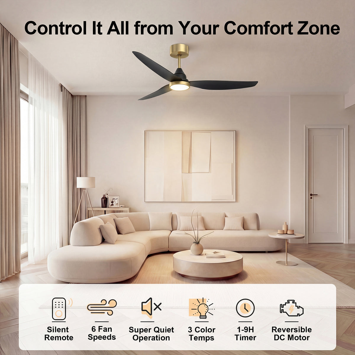 54-Inch Downrod Mount 3-Blade Ceiling Fan with Light and Remote Control