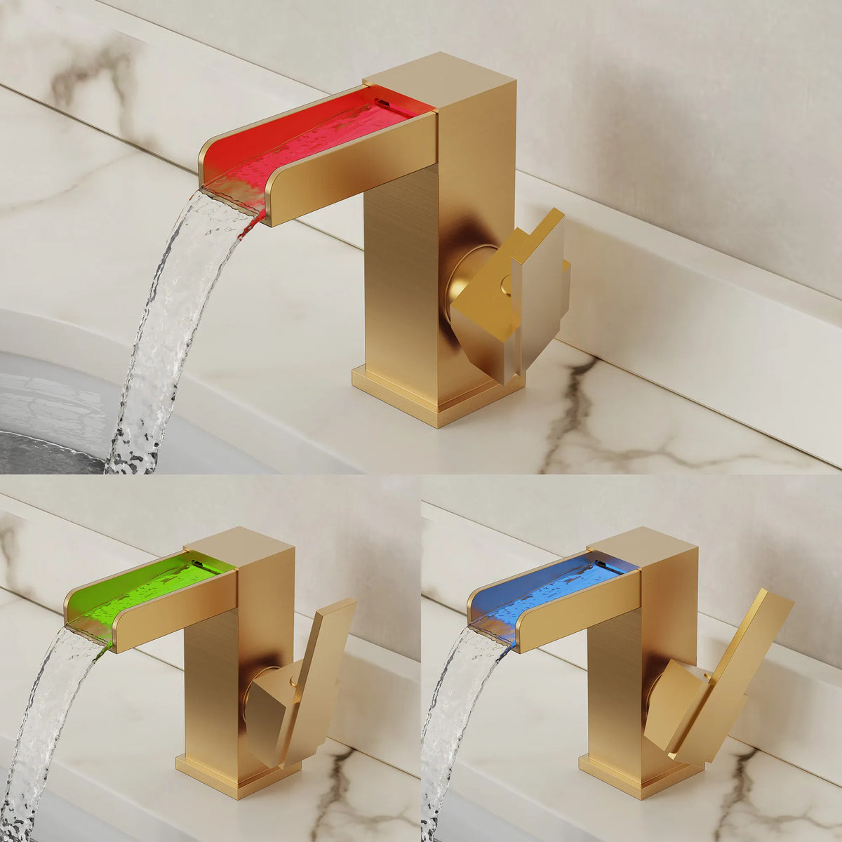 Single-Handle LED Waterfall Bathroom Sink Faucet With Pop-Up Drain