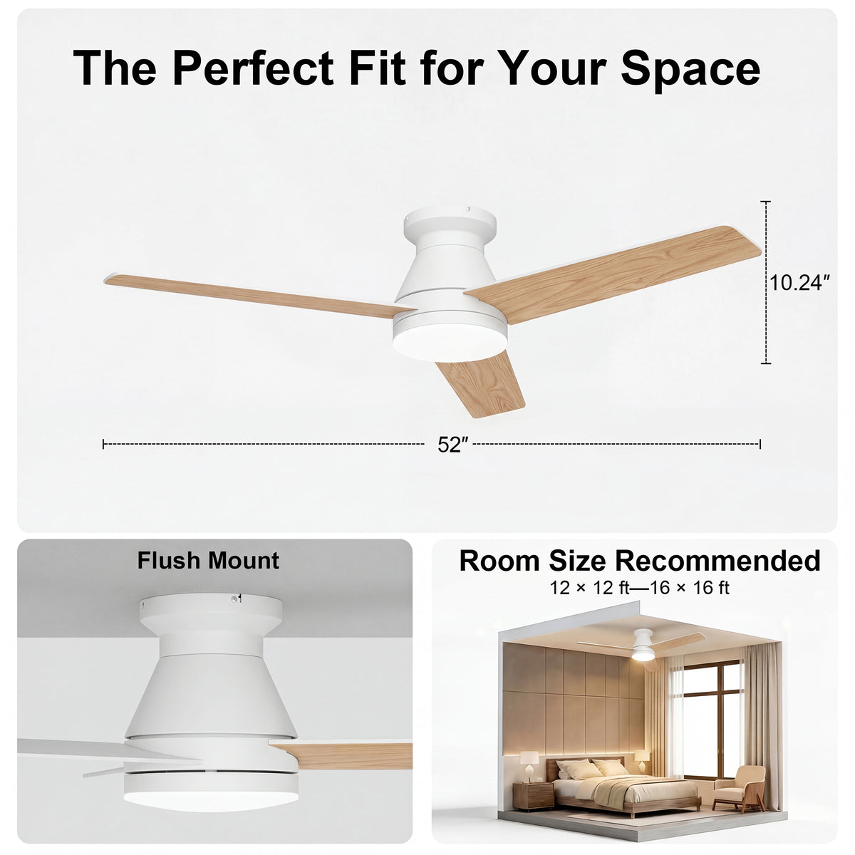 52-Inch Flush Mount 3-Blade Ceiling Fan with Light and Remote Control