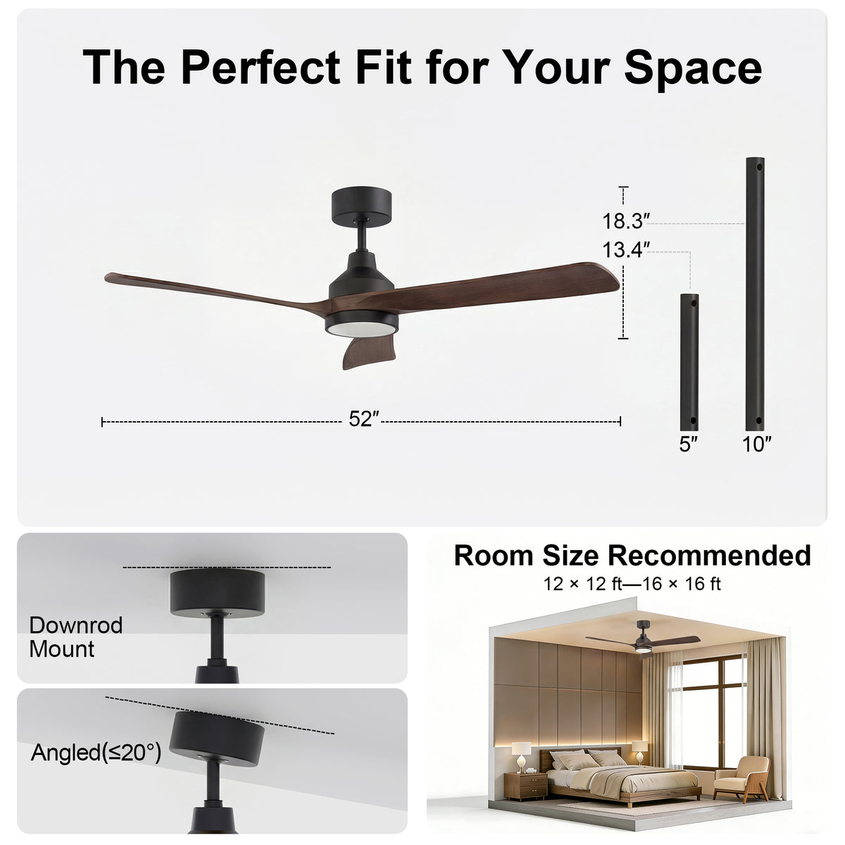 52-Inch Downrod Mount 3-Blade Ceiling Fan with Light and Remote Control