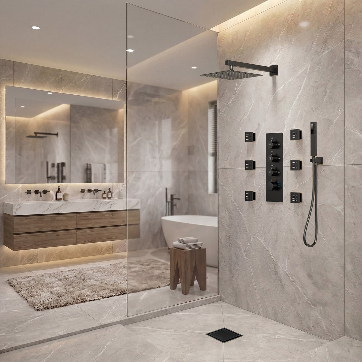 Wall-Mounted Thermostatic Rain Shower System with Body Jets and Handheld