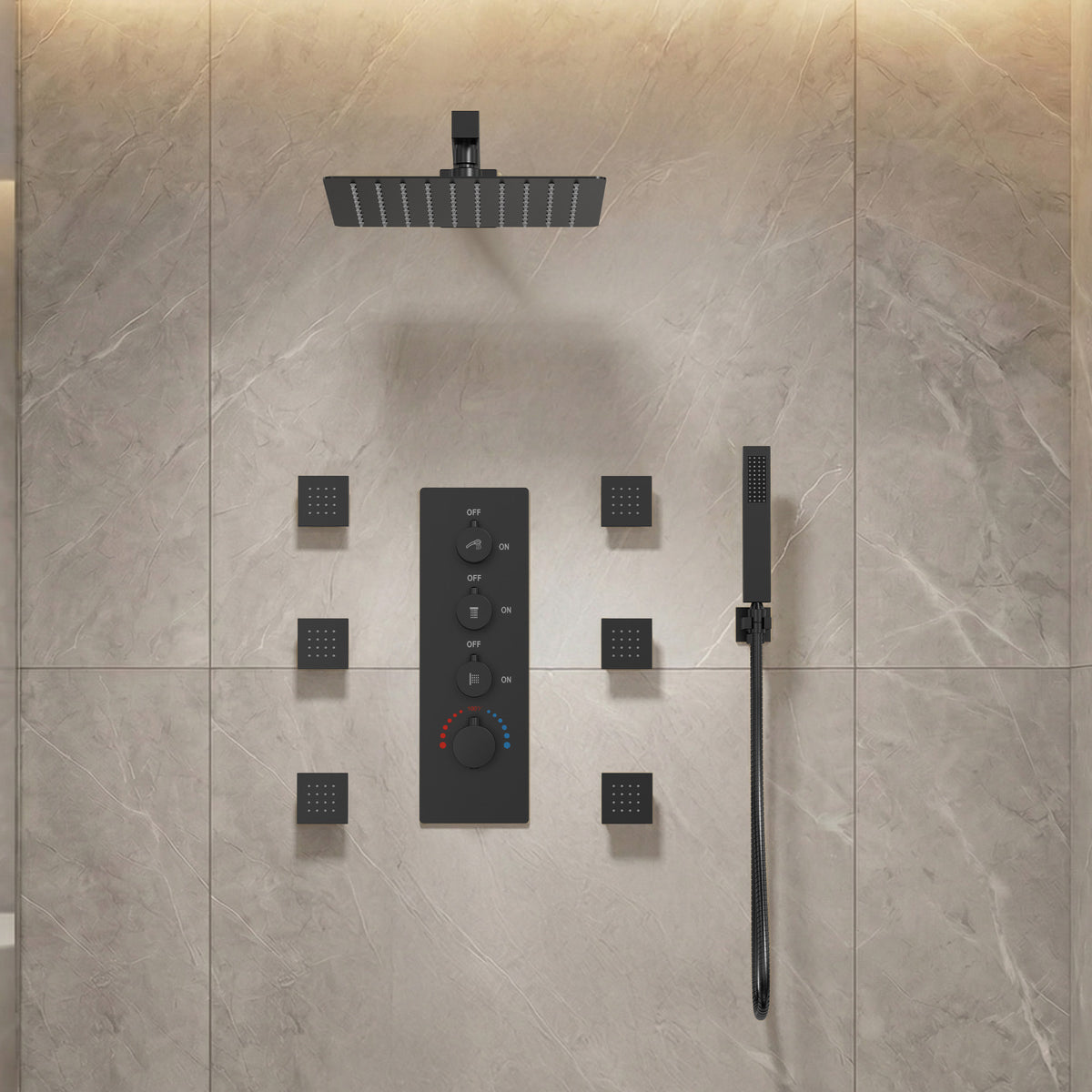 Wall-Mounted Thermostatic Rain Shower System with Body Jets and Handheld