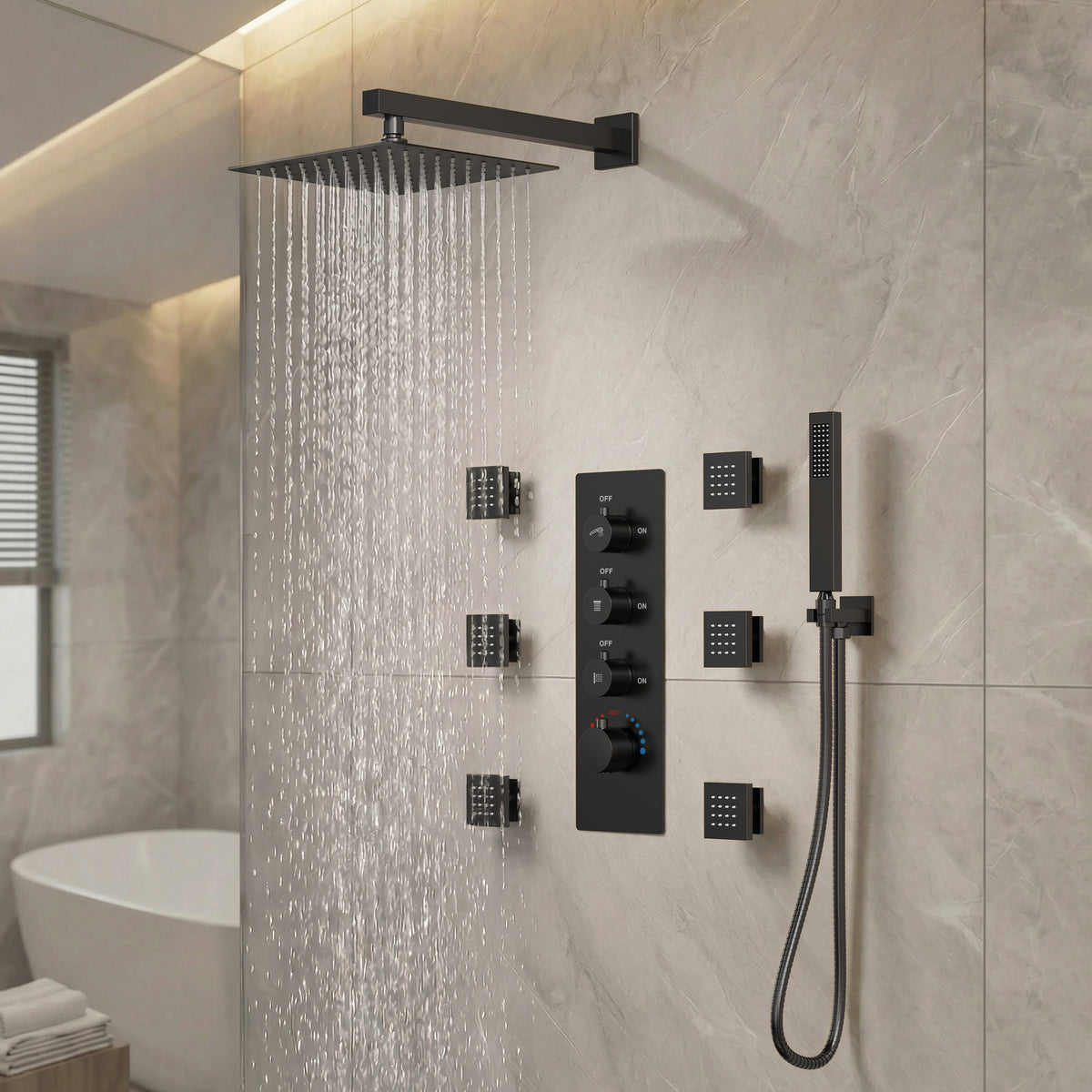 Wall-Mounted Thermostatic Rain Shower System with Body Jets and Handheld