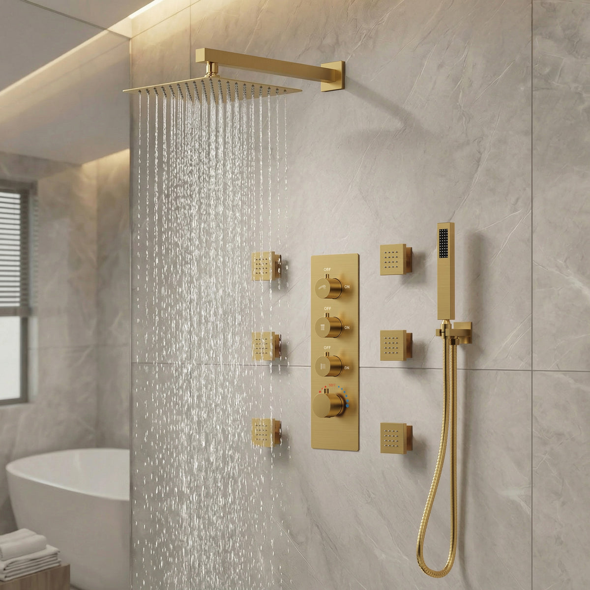 Wall-Mounted Thermostatic Rain Shower System with Body Jets and Handheld