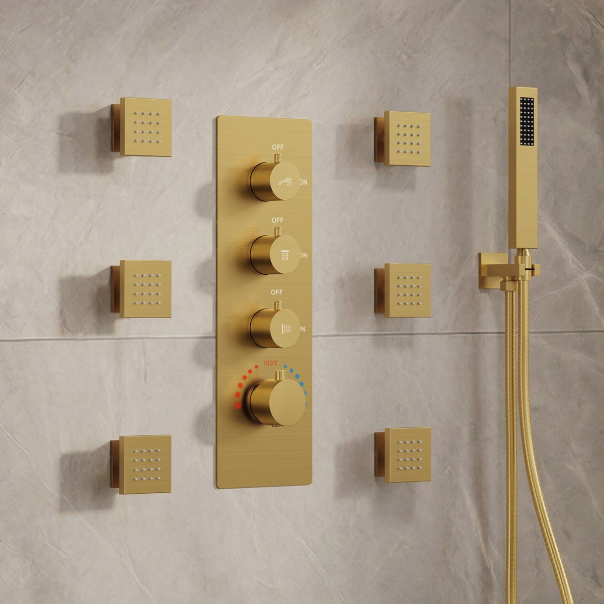 Wall-Mounted Thermostatic Rain Shower System with Body Jets and Handheld