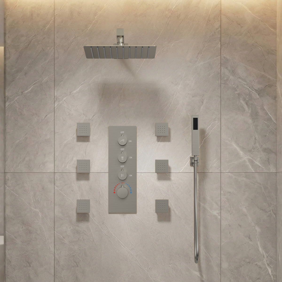 Wall-Mounted Thermostatic Rain Shower System with Body Jets and Handheld