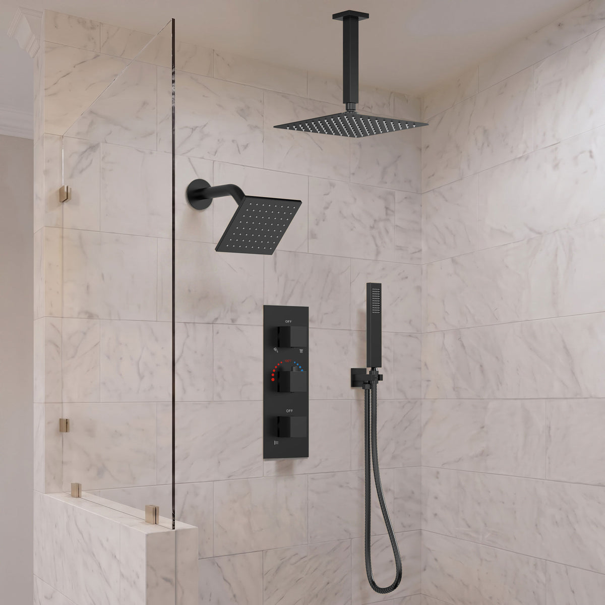 Ceiling-Mounted Thermostatic Shower System with Dual Rainfall Heads