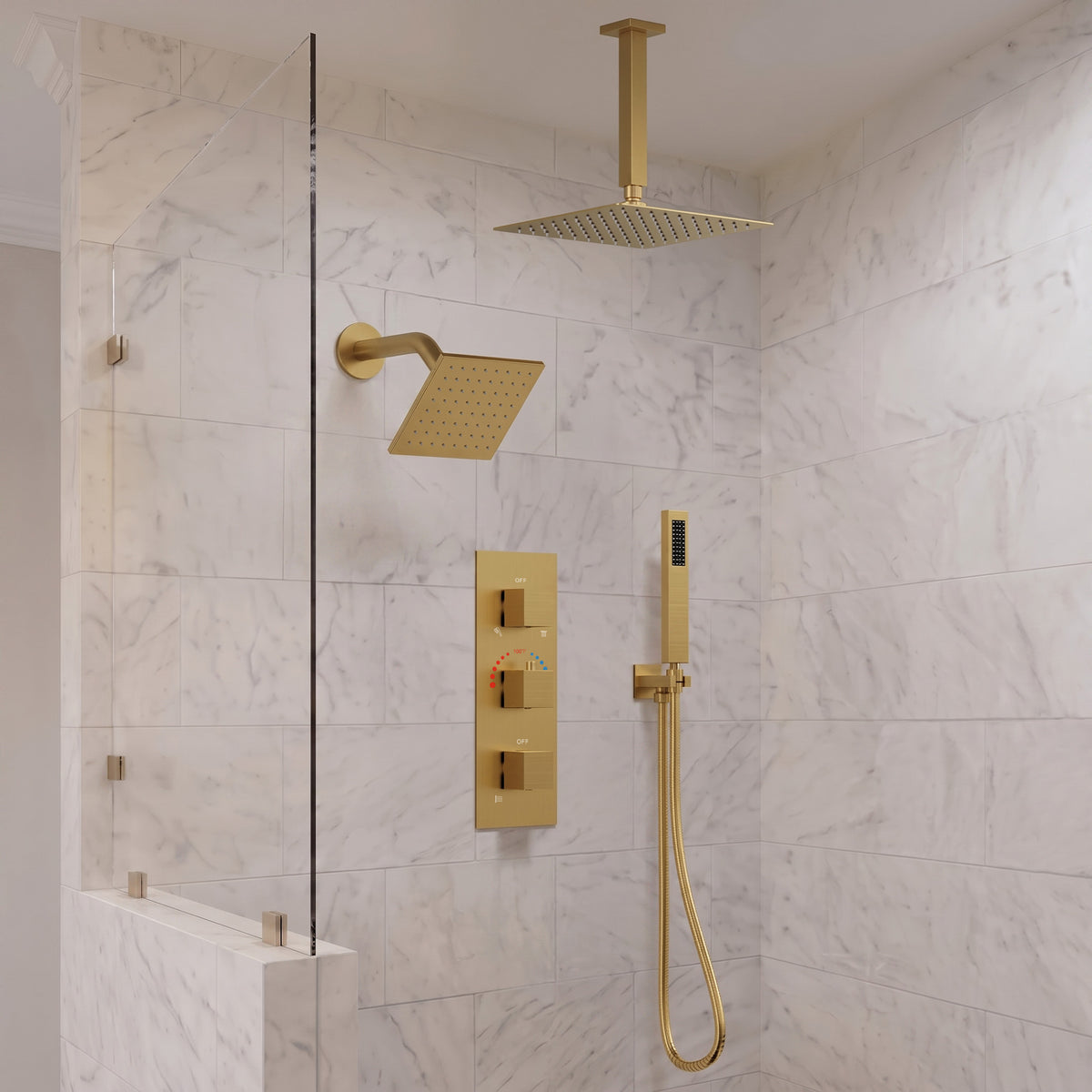 Ceiling-Mounted Thermostatic Shower System with Dual Rainfall Heads