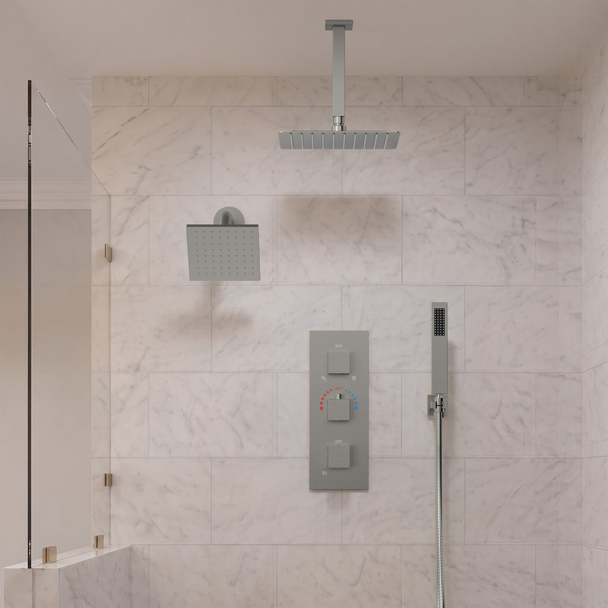 Ceiling-Mounted Thermostatic Shower System with Dual Rainfall Heads