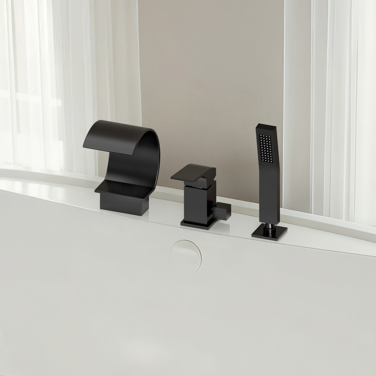 Deck-Mounted Waterfall Bathtub Faucet with Single Handle and Hand Shower