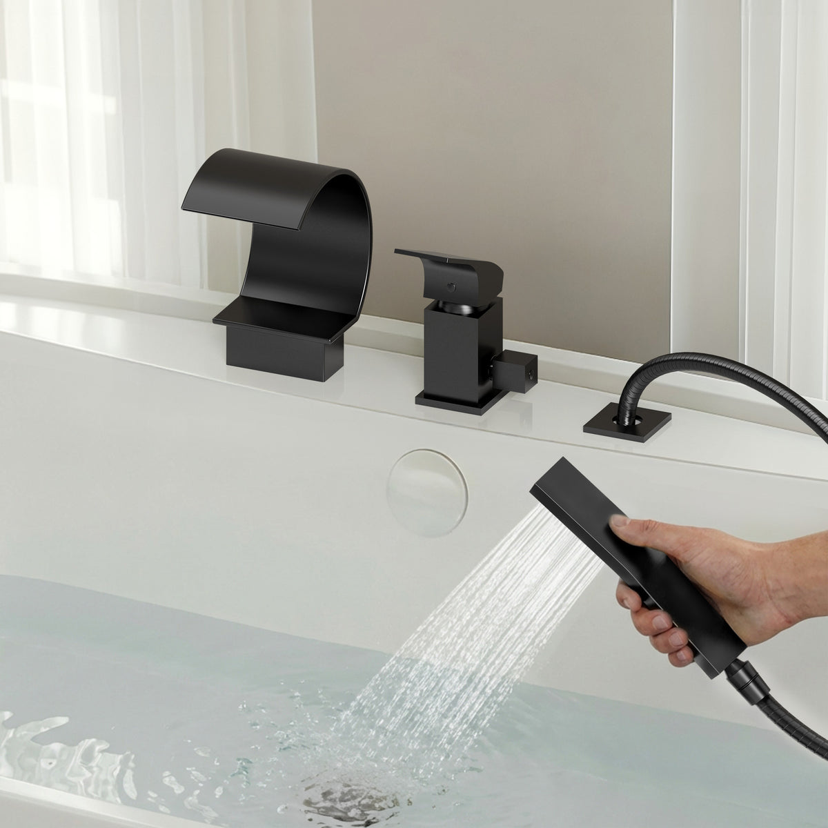 Deck-Mounted Waterfall Bathtub Faucet with Single Handle and Hand Shower