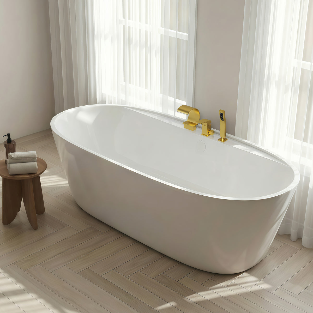 Deck-Mounted Waterfall Bathtub Faucet with Single Handle and Hand Shower