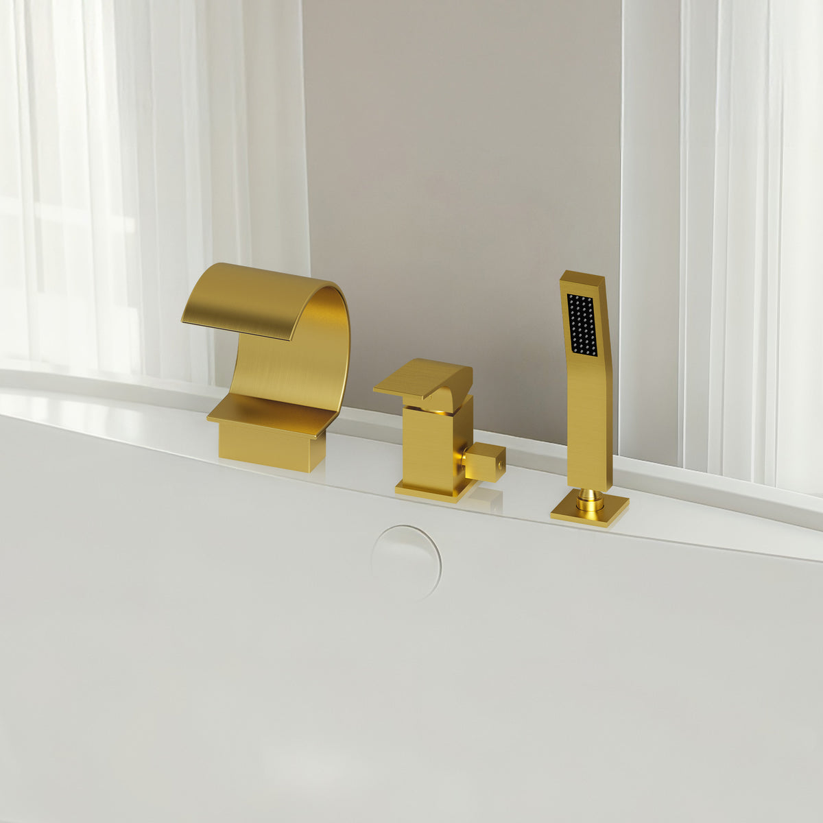Deck-Mounted Waterfall Bathtub Faucet with Single Handle and Hand Shower