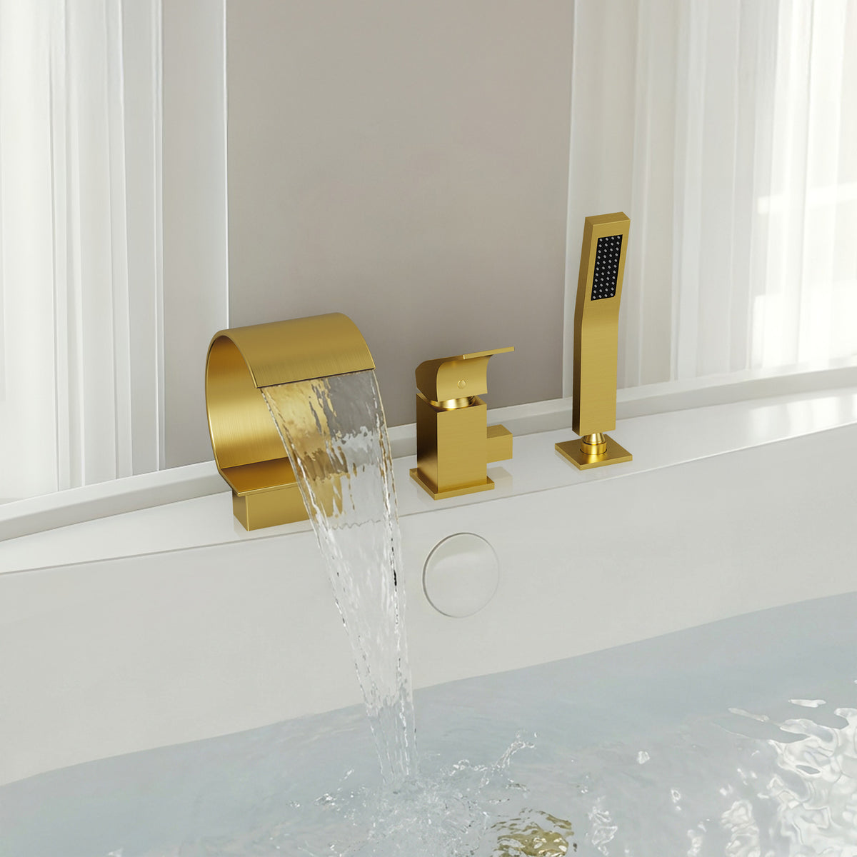 Deck-Mounted Waterfall Bathtub Faucet with Single Handle and Hand Shower