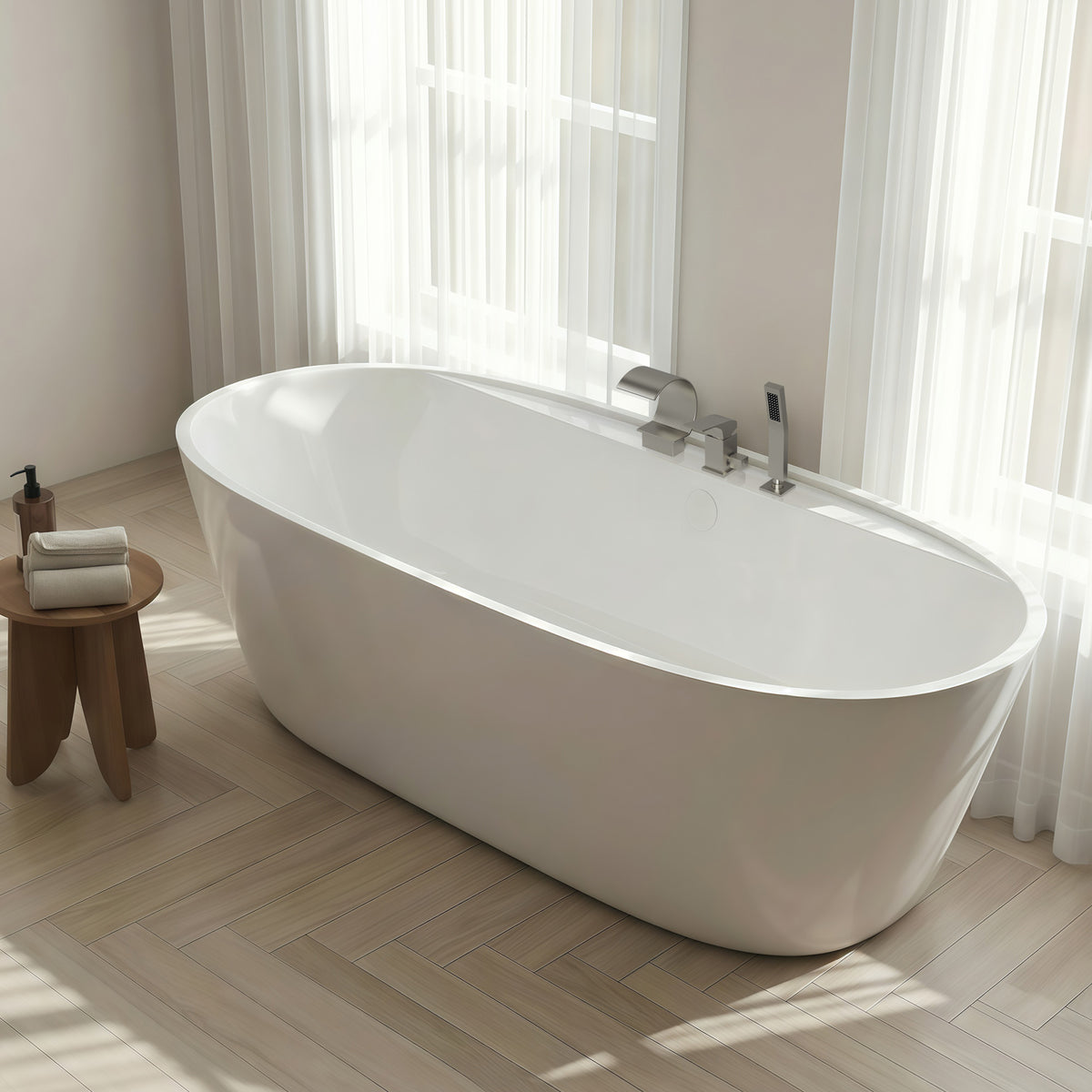 Deck-Mounted Waterfall Bathtub Faucet with Single Handle and Hand Shower