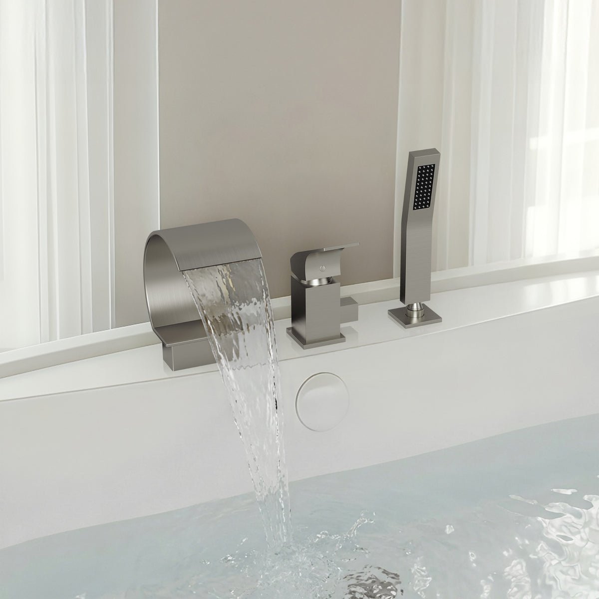 Deck-Mounted Waterfall Bathtub Faucet with Single Handle and Hand Shower