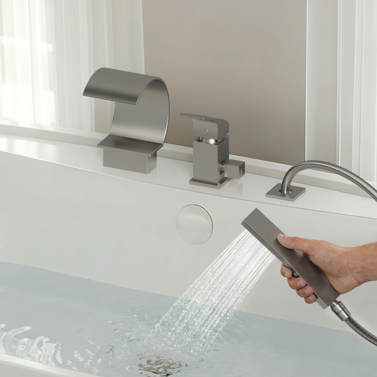 Deck-Mounted Waterfall Bathtub Faucet with Single Handle and Hand Shower