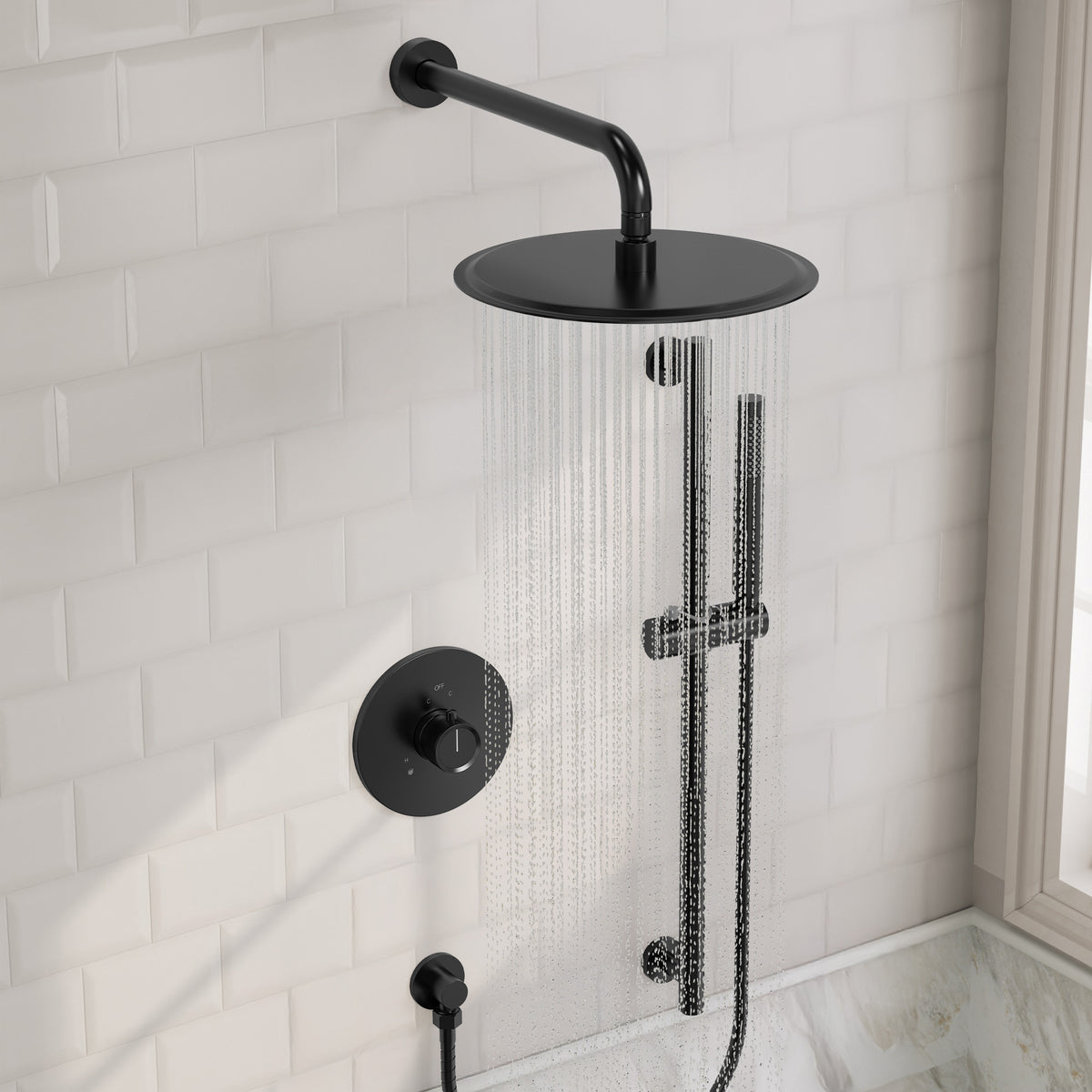 Wall-Mounted Rainfall Shower System with Adjustable Slide-Bar Handheld