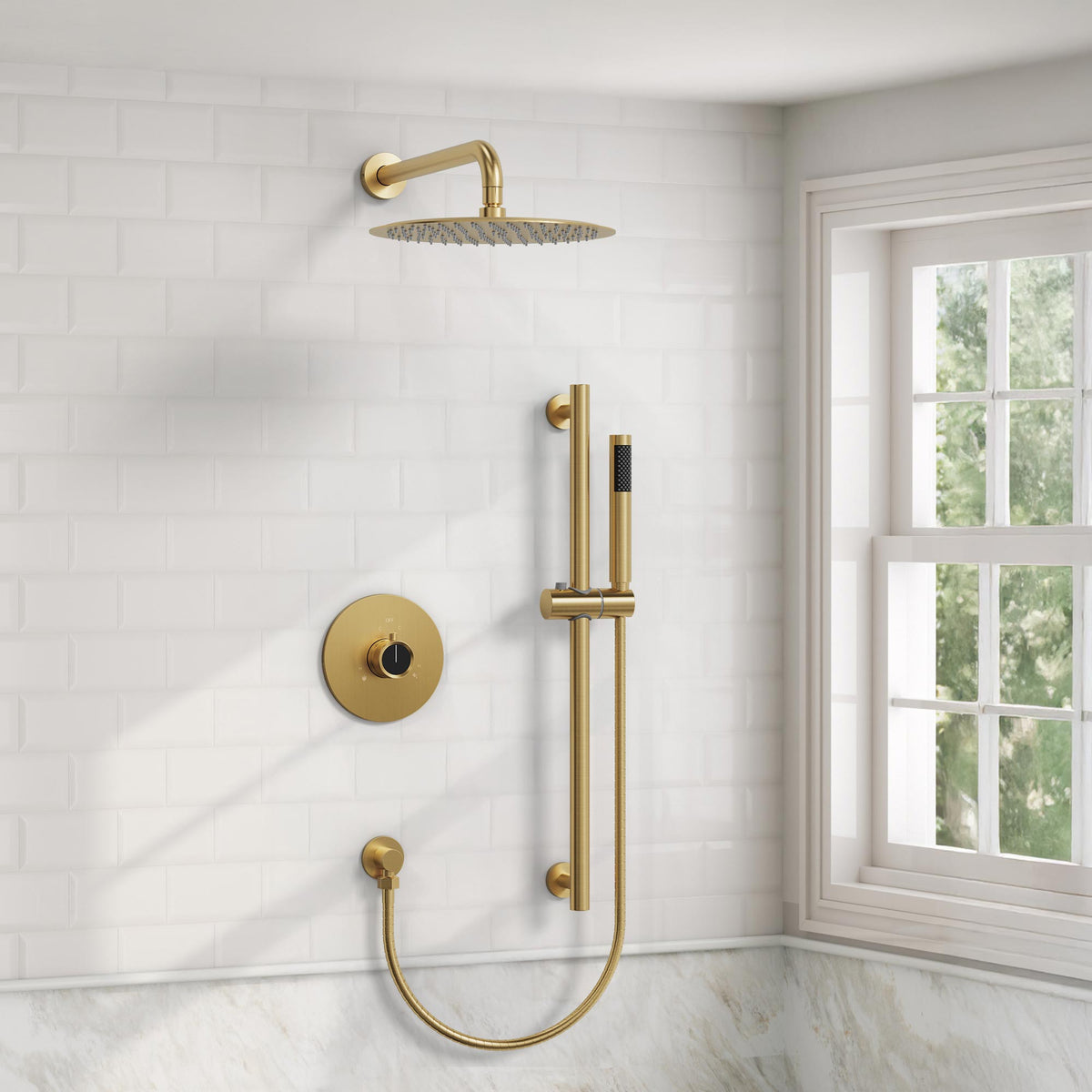 Wall-Mounted Rainfall Shower System with Adjustable Slide-Bar Handheld