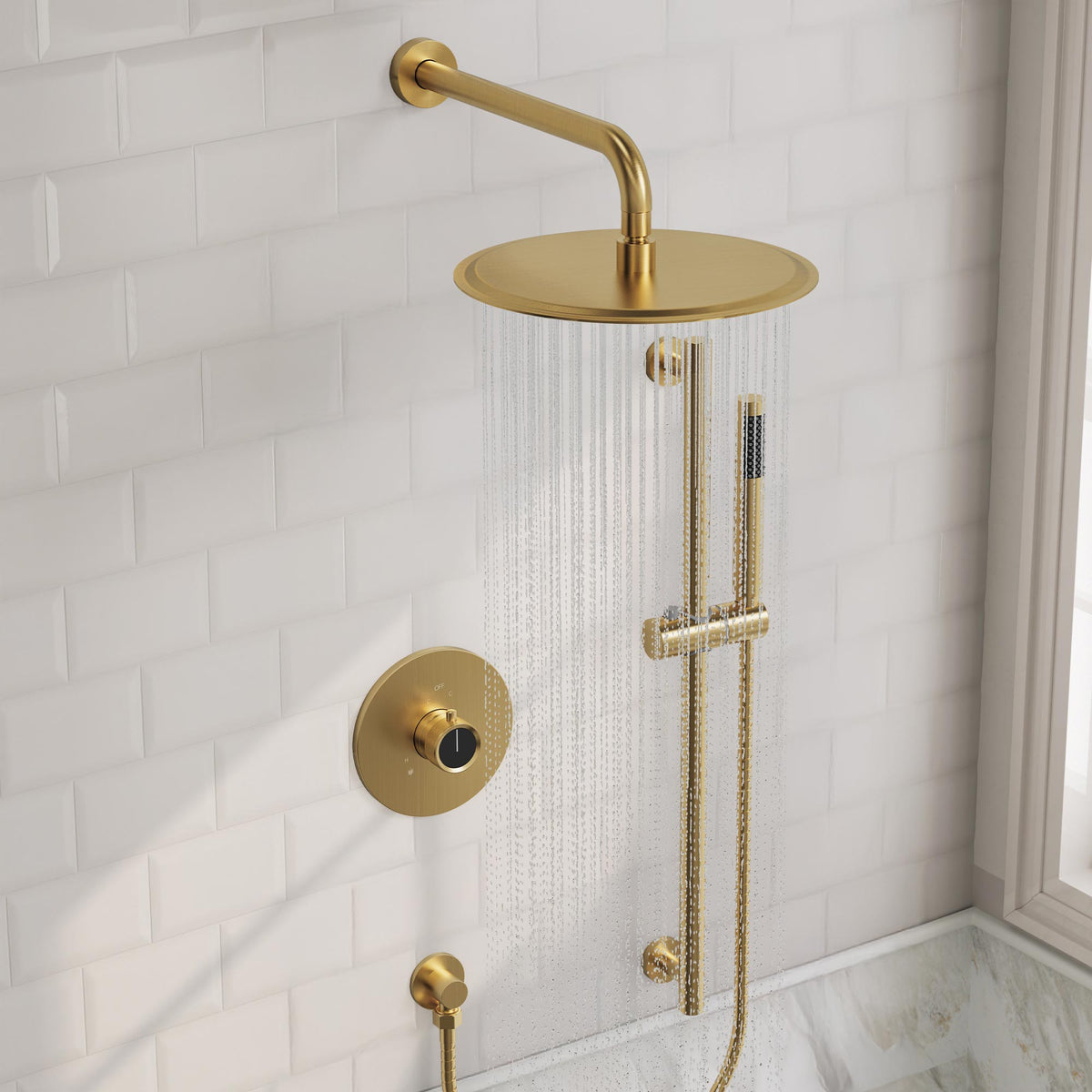 Wall-Mounted Rainfall Shower System with Adjustable Slide-Bar Handheld