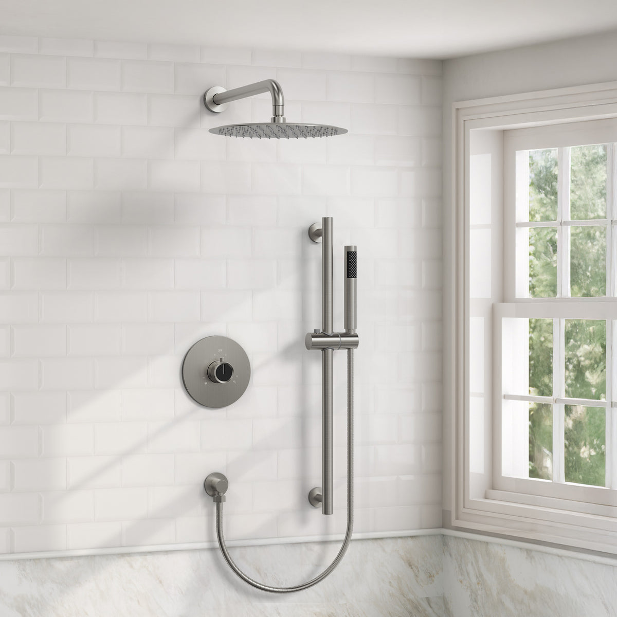 Wall-Mounted Rainfall Shower System with Adjustable Slide-Bar Handheld
