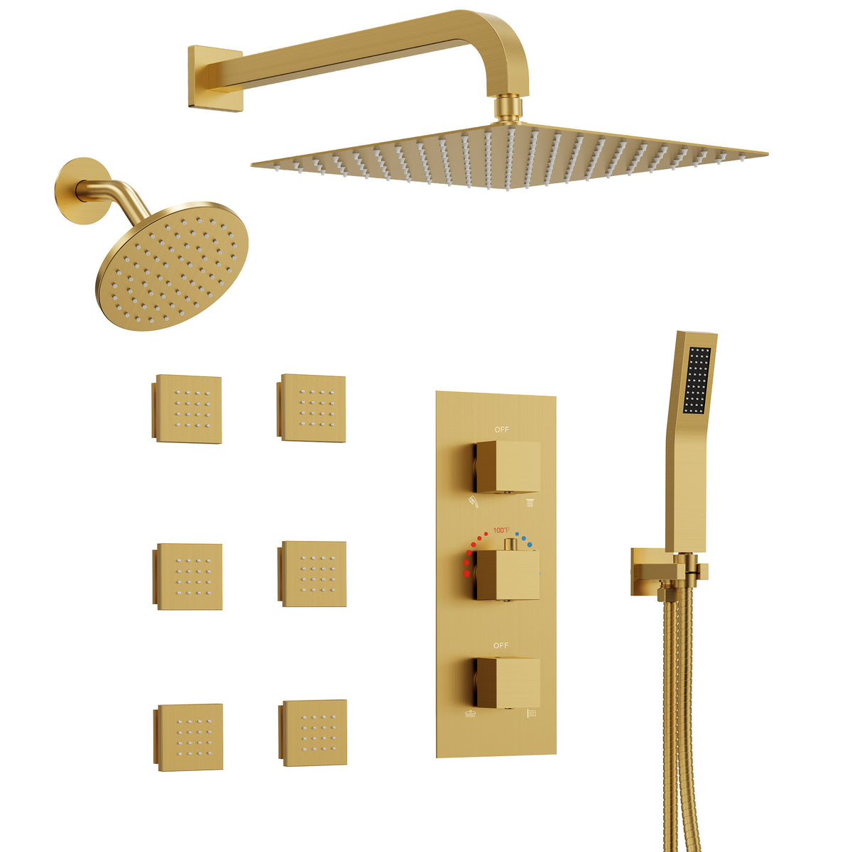 Wall-Mounted Thermostatic Dual Shower System with Six Body Jets