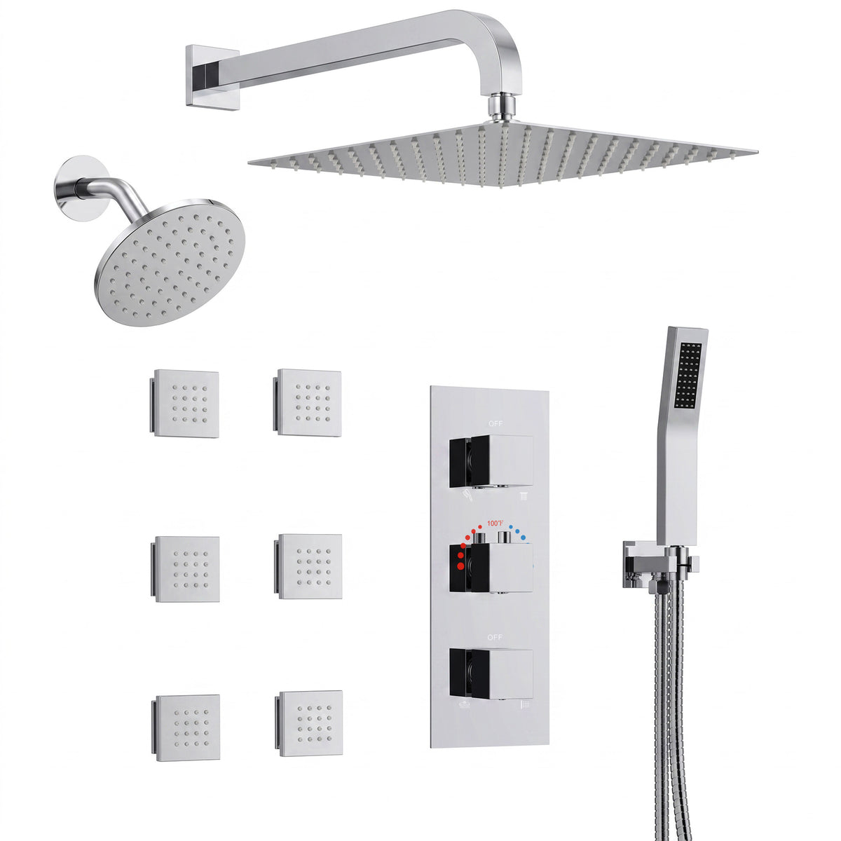 Wall-Mounted Thermostatic Dual Shower System with Six Body Jets