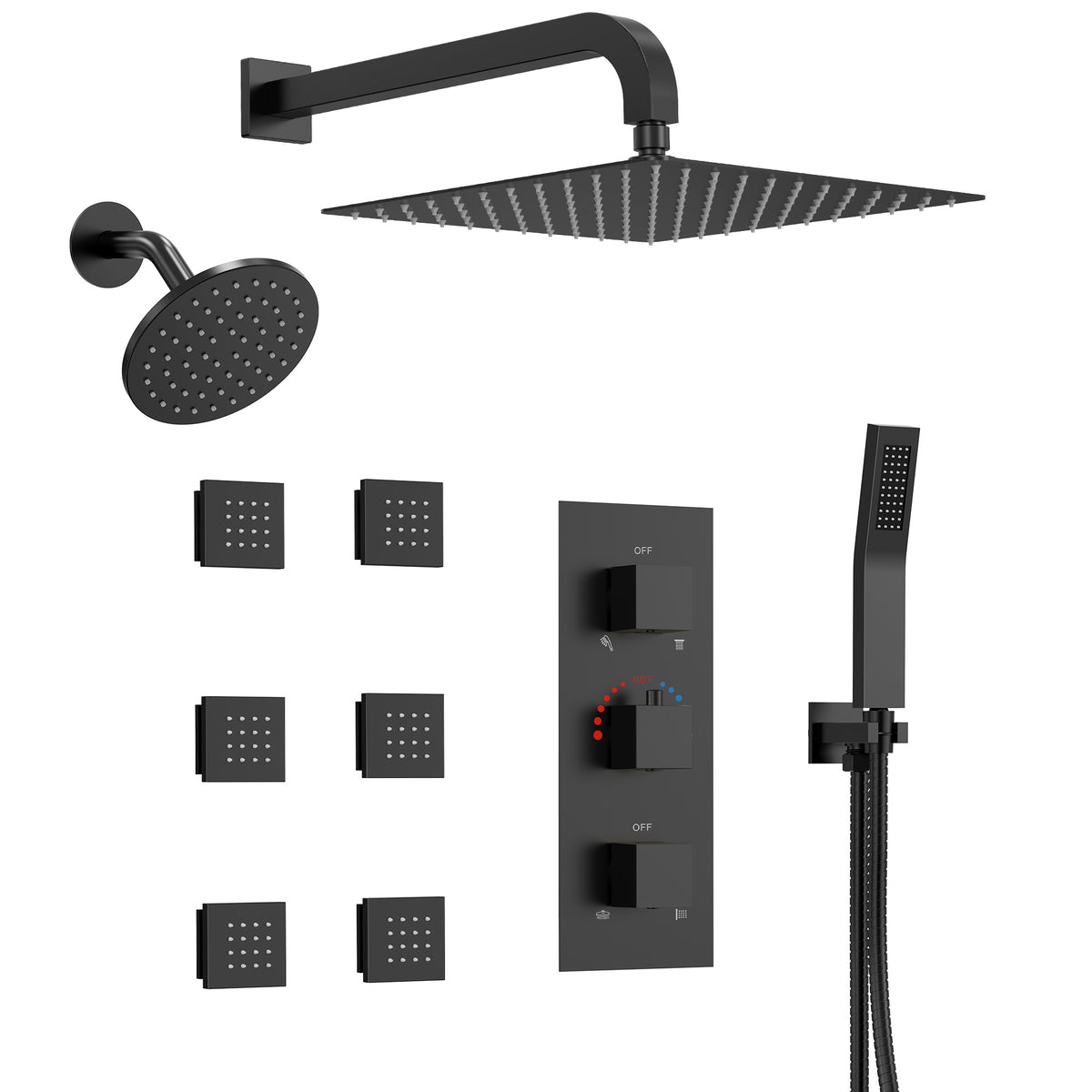 Wall-Mounted Thermostatic Dual Shower System with Six Body Jets