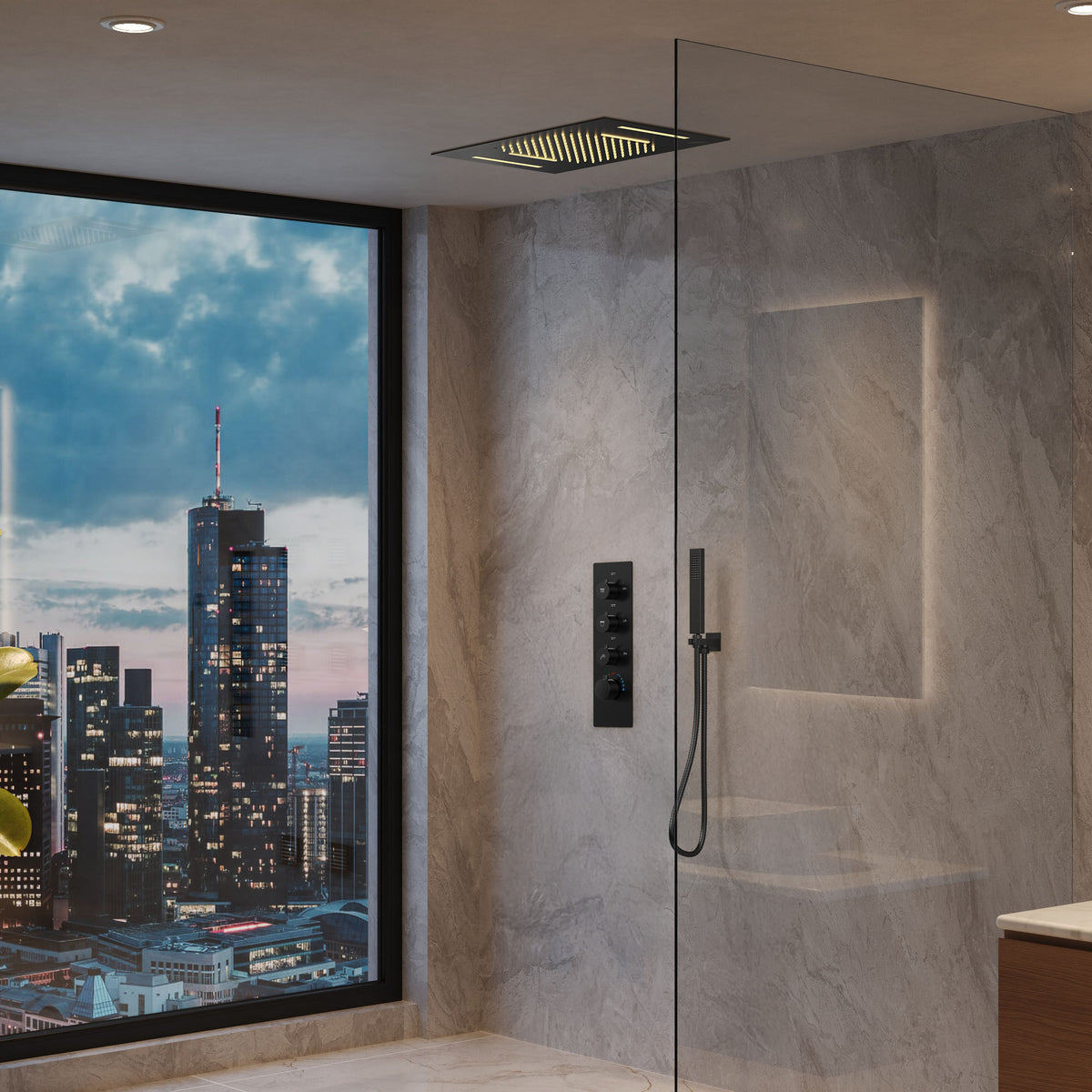 LED Ceiling-Mounted Thermostatic Rainfall and Waterfall Shower System