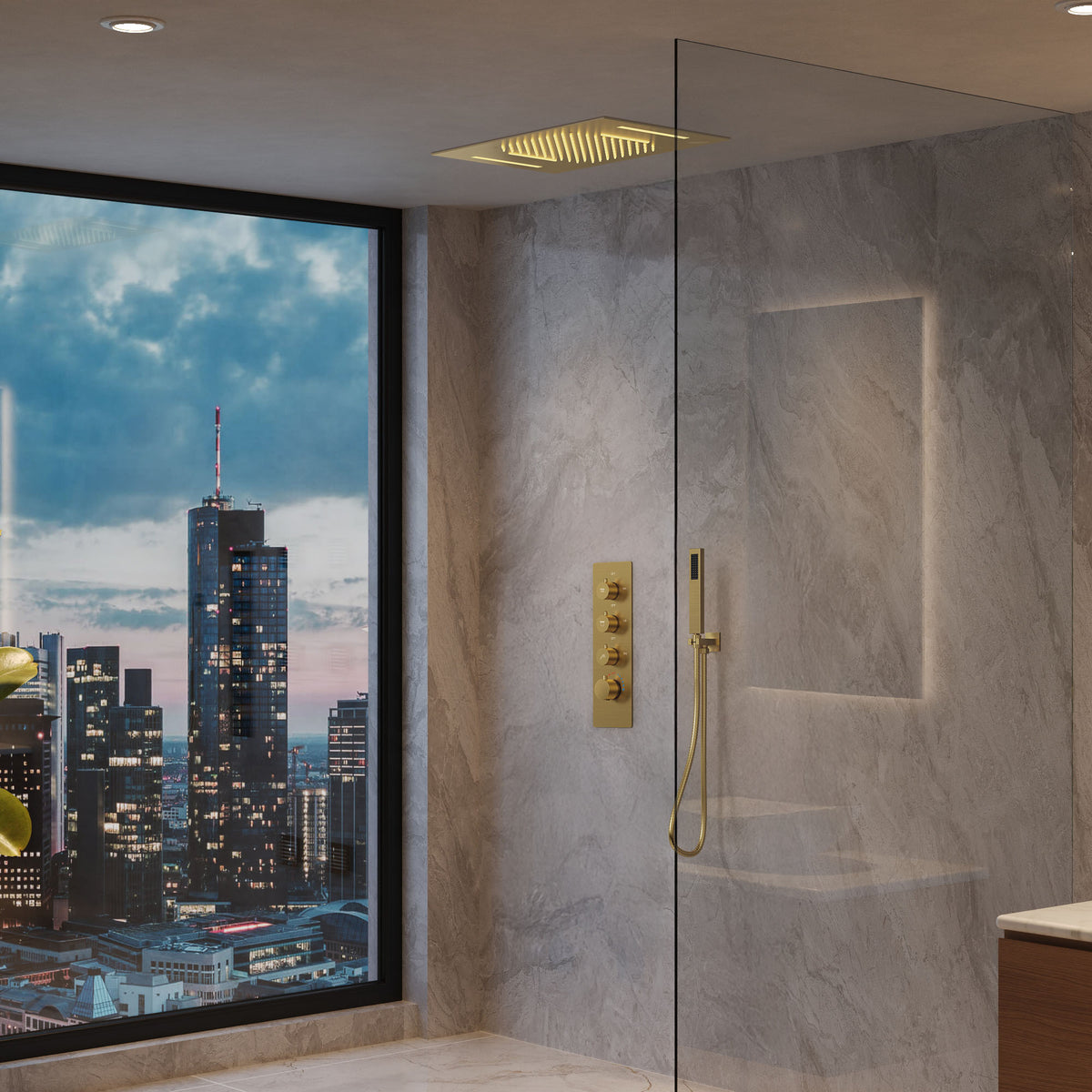LED Ceiling-Mounted Thermostatic Rainfall and Waterfall Shower System