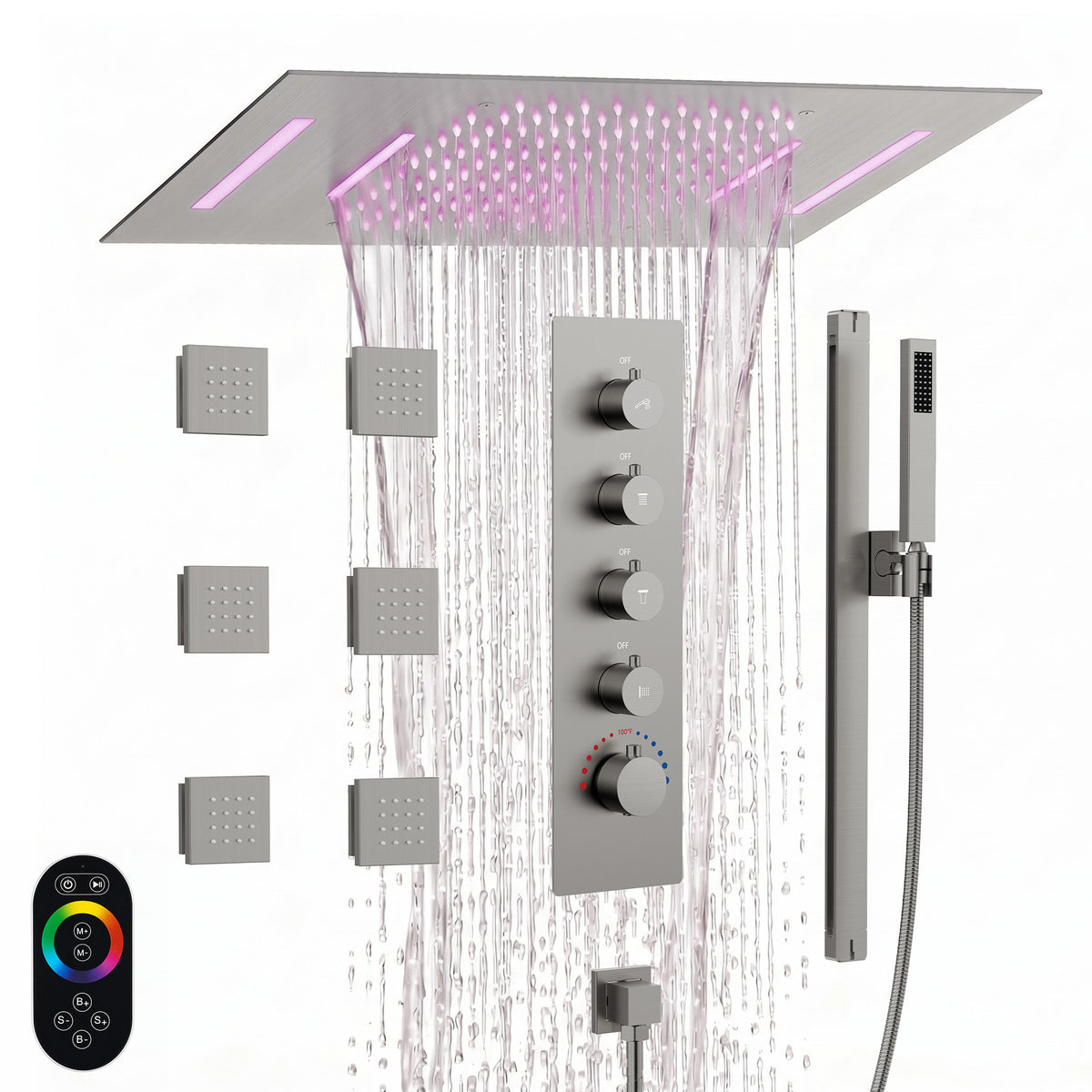 LED Ceiling-Mounted Thermostatic Shower System with Waterfall and Body Jets