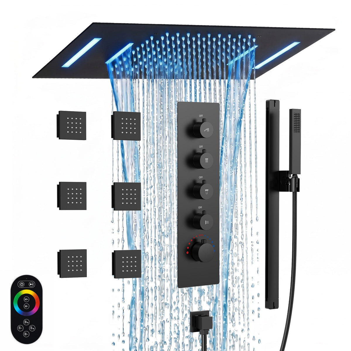 LED Ceiling-Mounted Thermostatic Shower System with Waterfall and Body Jets