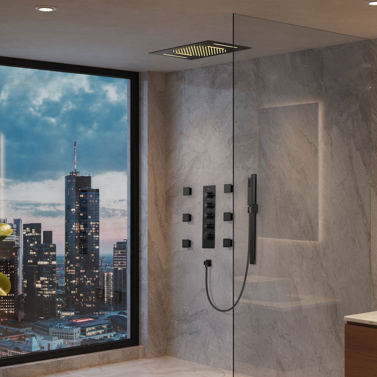 LED Ceiling-Mounted Thermostatic Shower System with Waterfall and Body Jets