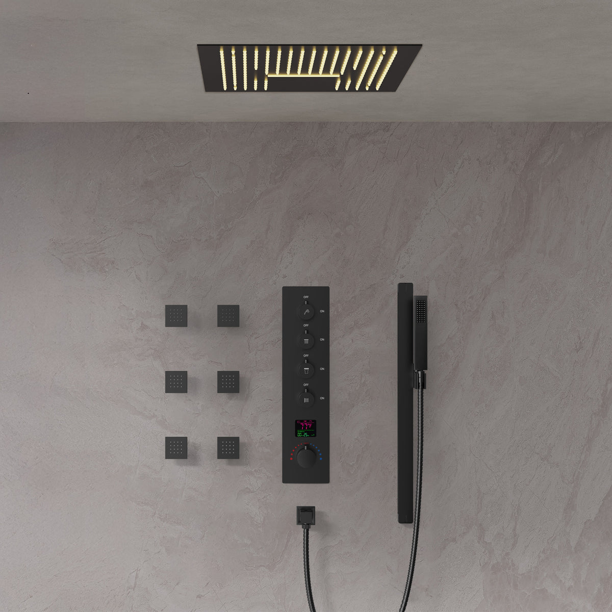 LED Ceiling-Mounted Thermostatic Shower System with Body Jets