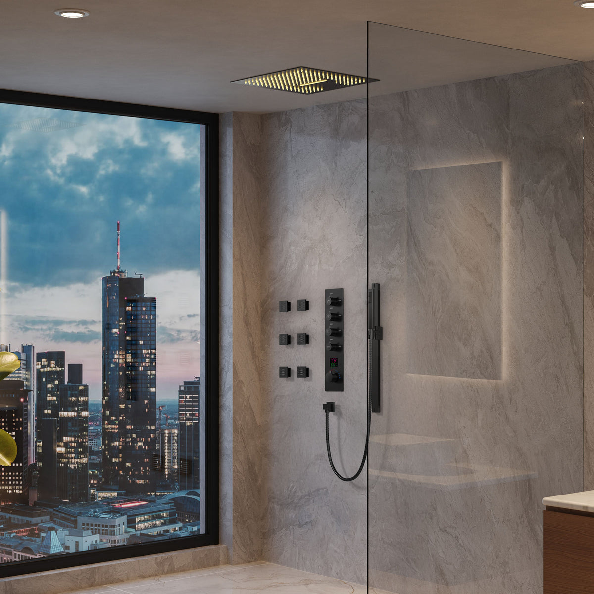 LED Ceiling-Mounted Thermostatic Shower System with Body Jets