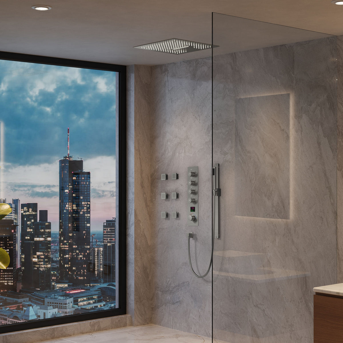 LED Ceiling-Mounted Thermostatic Shower System with Body Jets