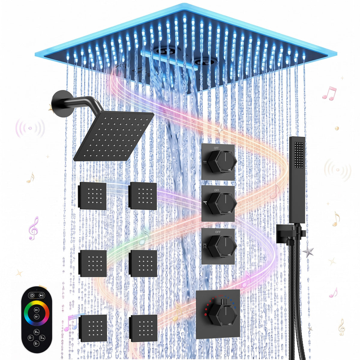 LED Music Ceiling-Mounted Dual-Head Shower System with Body Jets