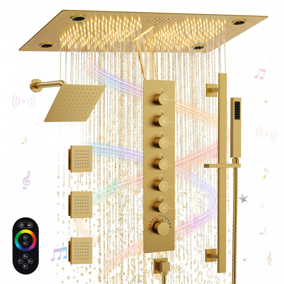 LED Bluetooth Dual-Head Ceiling-Mounted Shower System with Body Jets