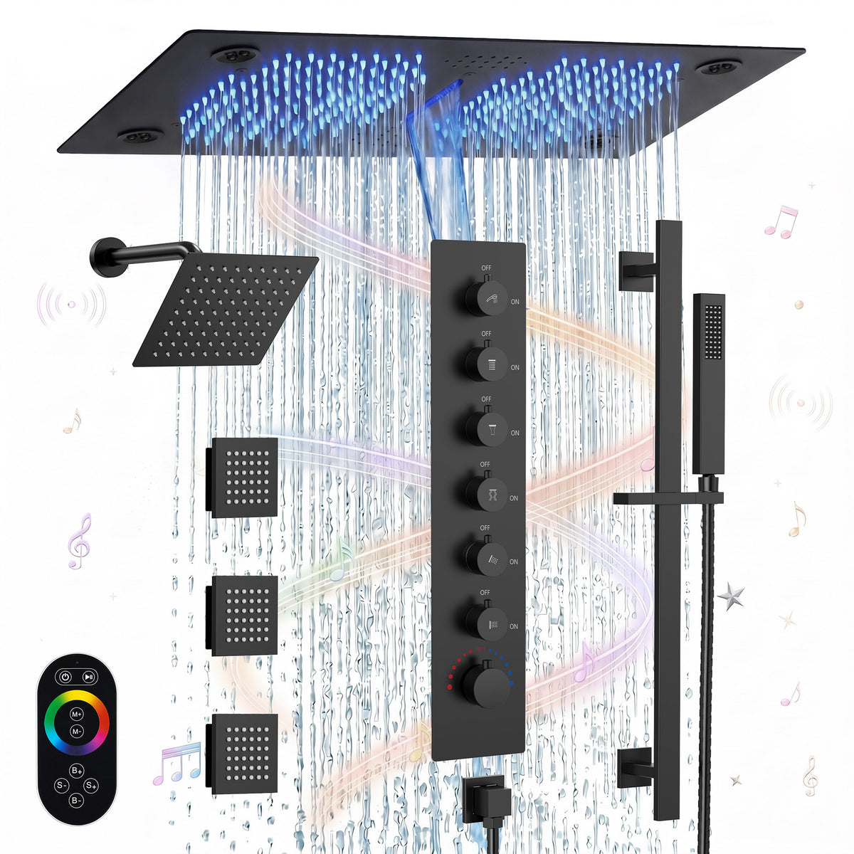 LED Bluetooth Dual-Head Ceiling-Mounted Shower System with Body Jets