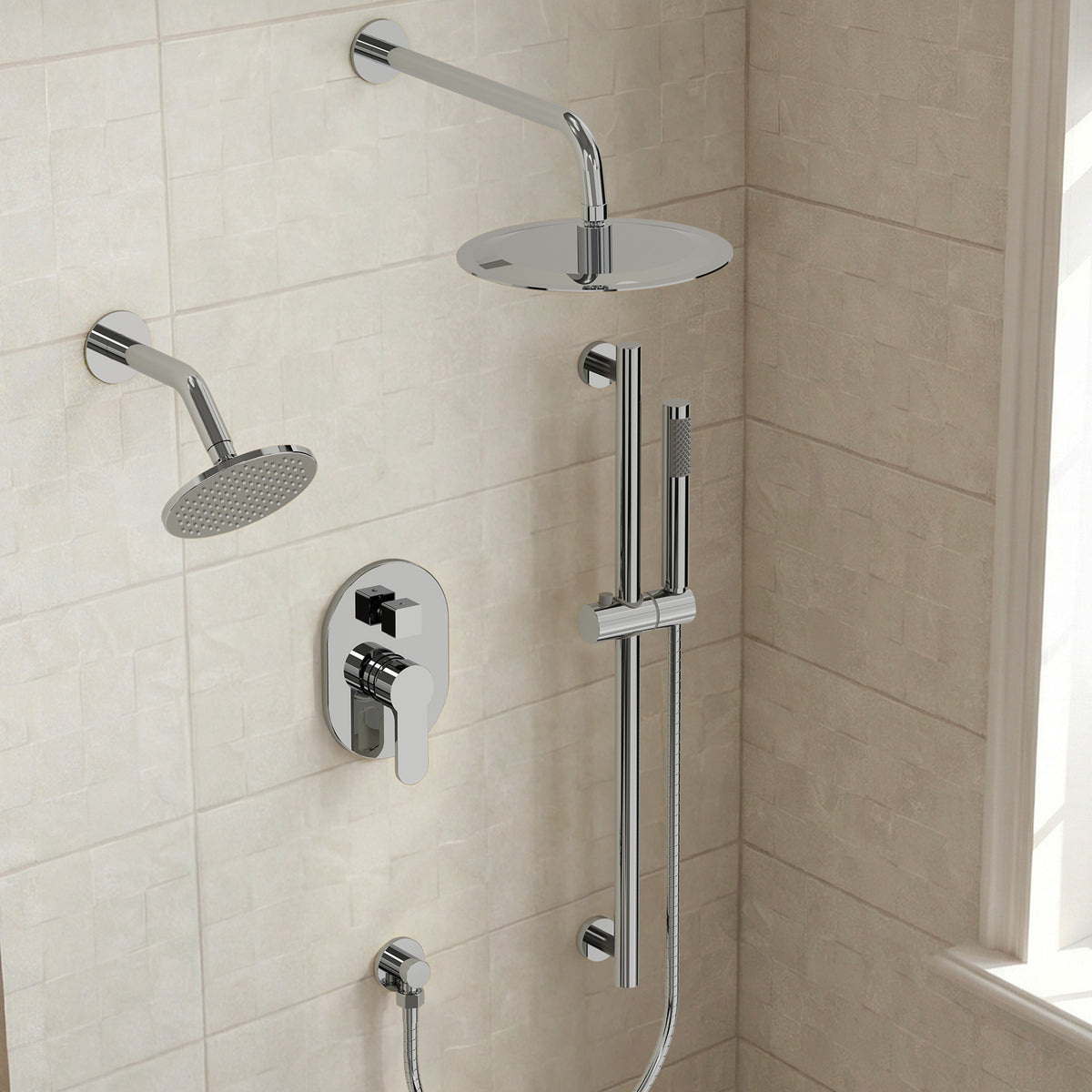 Round Wall-Mounted Dual Shower System with Handheld Spray