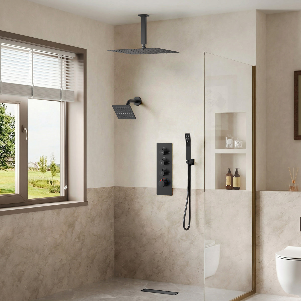 16-Inch Ceiling-Mounted Dual-Head Shower System with Handheld Sprayer