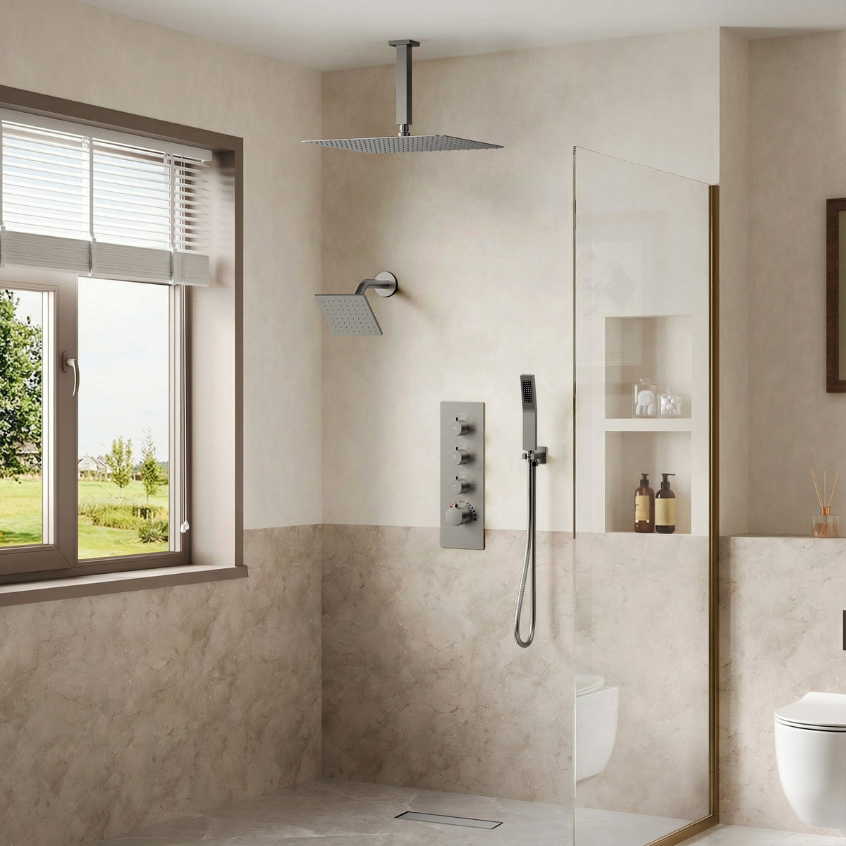 16-Inch Ceiling-Mounted Dual-Head Shower System with Handheld Sprayer